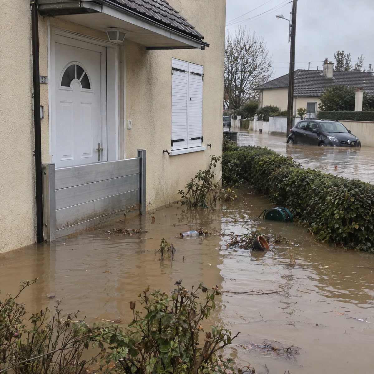 Batardeau aluminium retenant l'eau devant une porte d'entrée pendant une crue