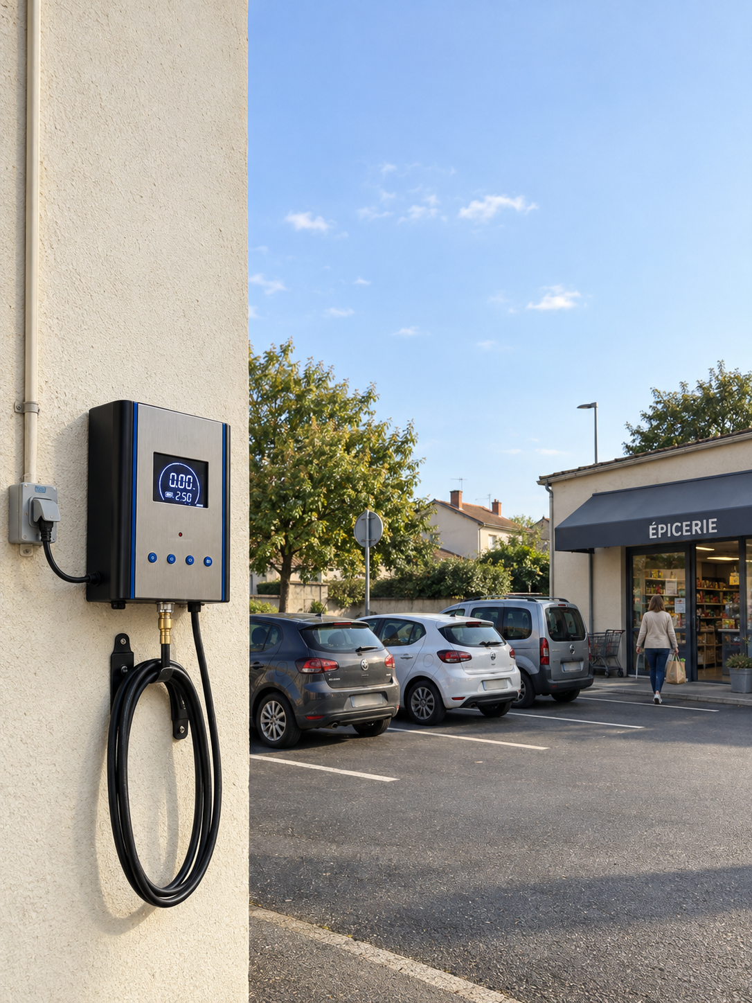 Gonfleur de pneus Thaleos fixé au mur d'une épicerie, parking clients au premier plan